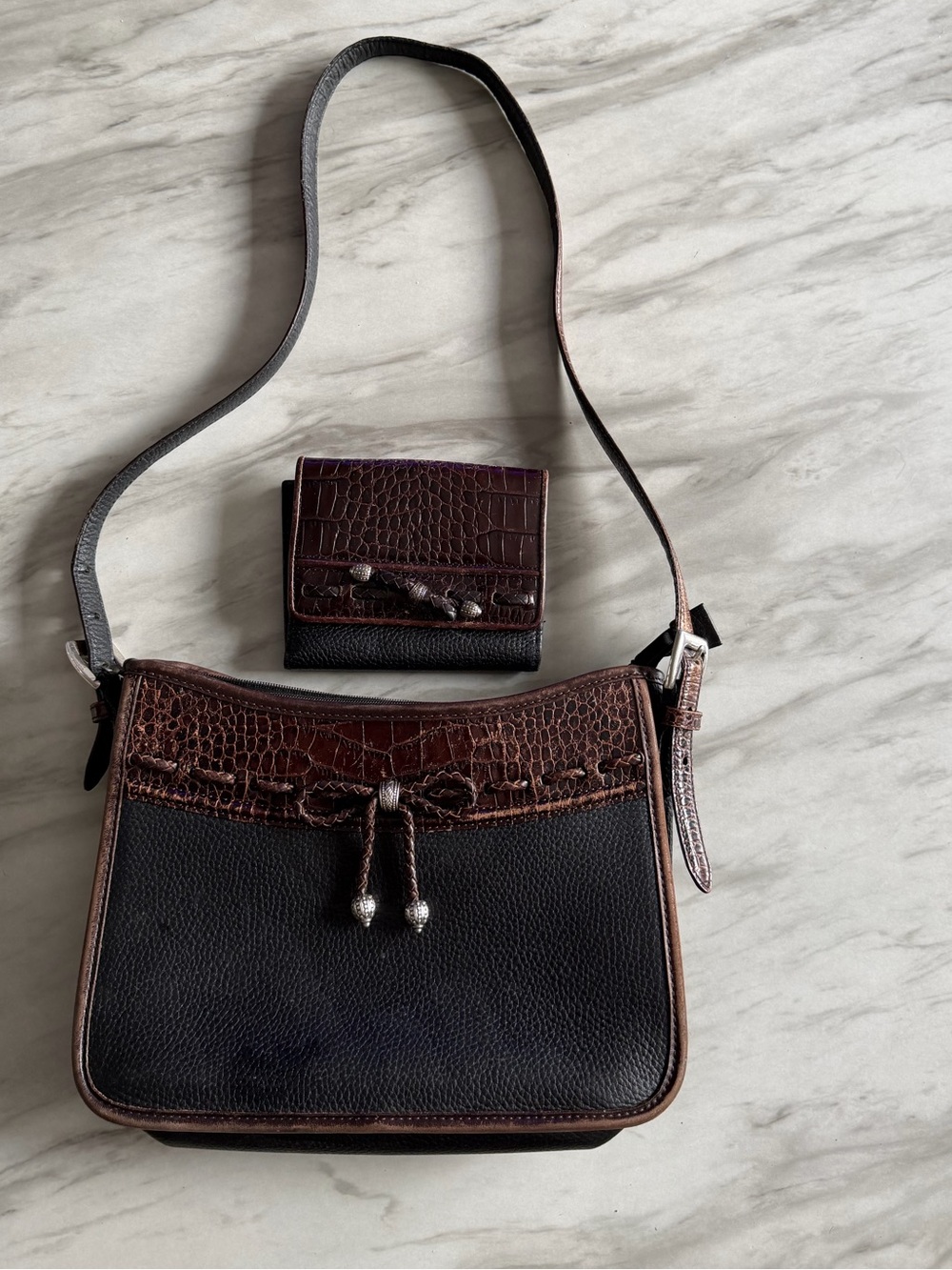 VTG BRIGHTON Women’s Dark Brown Croc Leather Crossbody Bag with Matching Wallet